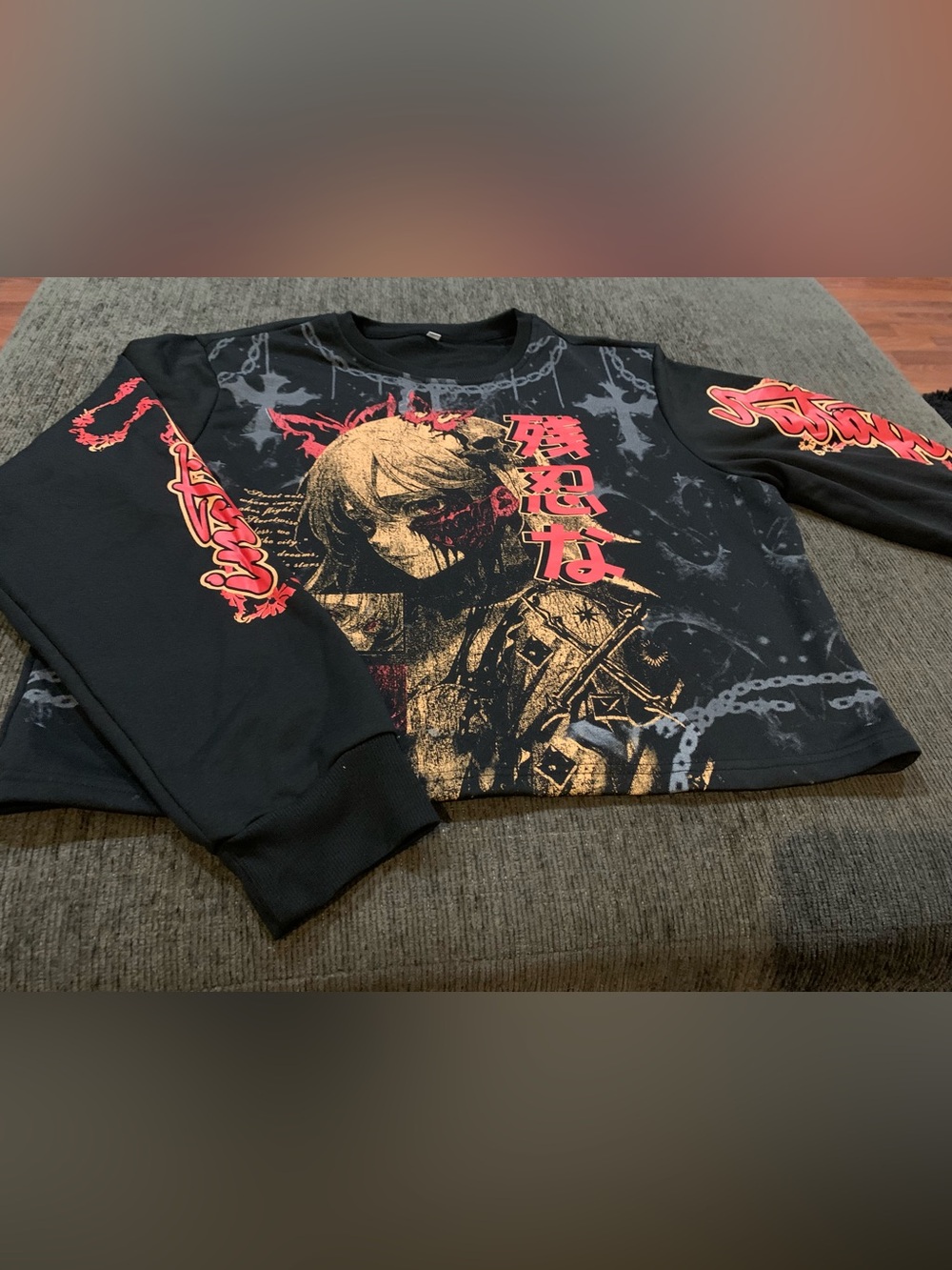 Black Graphic Anime-Inspired Crewneck Sweater - Picture 5 of 9